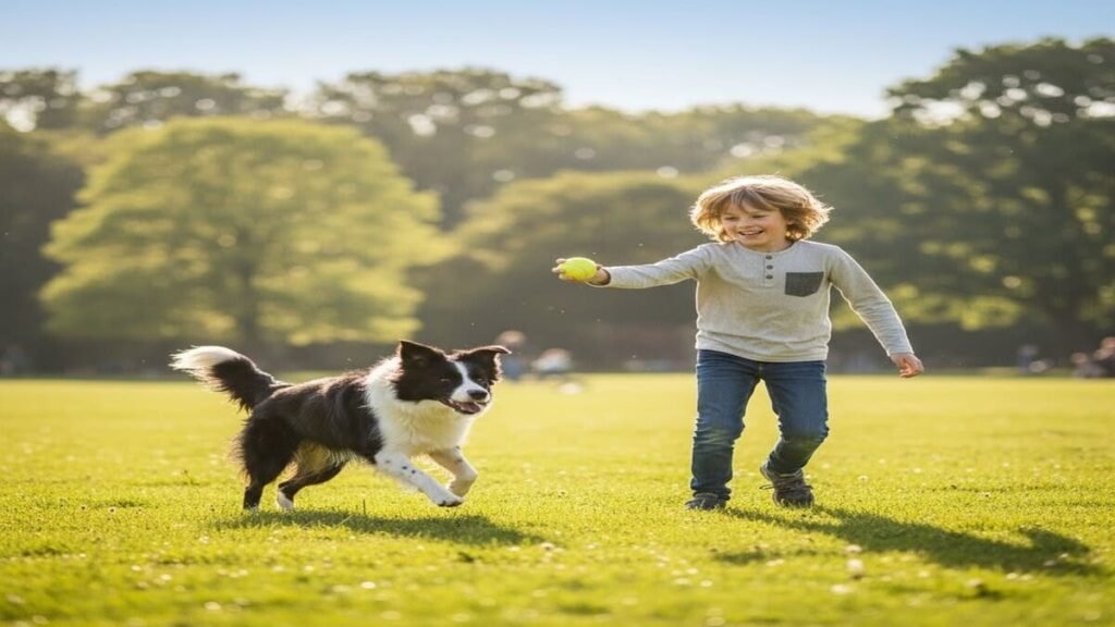 Criança brincando de buscar com um Border Collie.