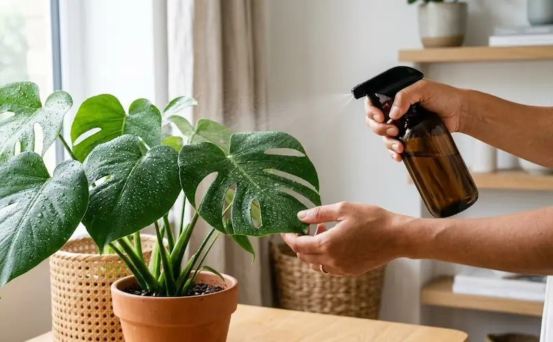 Close-up de uma pessoa cuidando de plantas de interior, borrifando água nas folhas verdes.