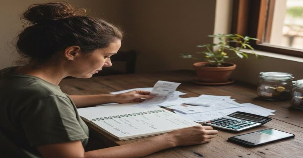 Pessoa organizando contas e planejando como economizar dinheiro no dia a dia