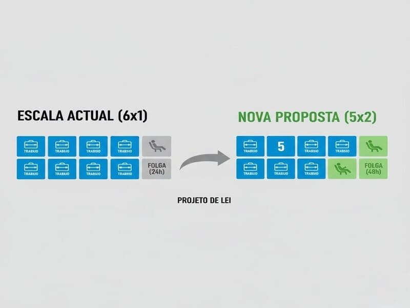 Gráfico comparativo entre a jornada de trabalho 6x1 atual (1 dia de folga) e o novo modelo 5x2 (2 dias de folga), proposto pelo Projeto de Lei.