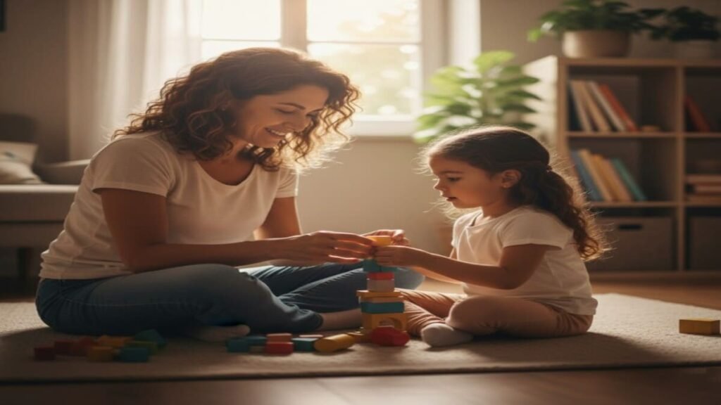 Mãe e filha sentadas, sorrindo, exemplificando a importância da educação com amor e carinho para ter filhos obedientes.