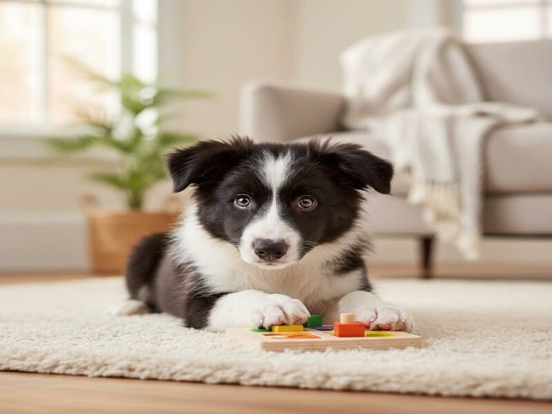 Filhote de Border Collie brincando com um brinquedo de inteligência.