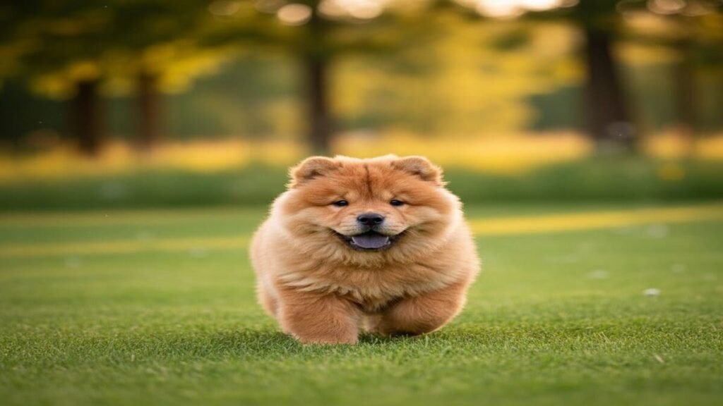 Filhote de Chow Chow fofo correndo na grama.