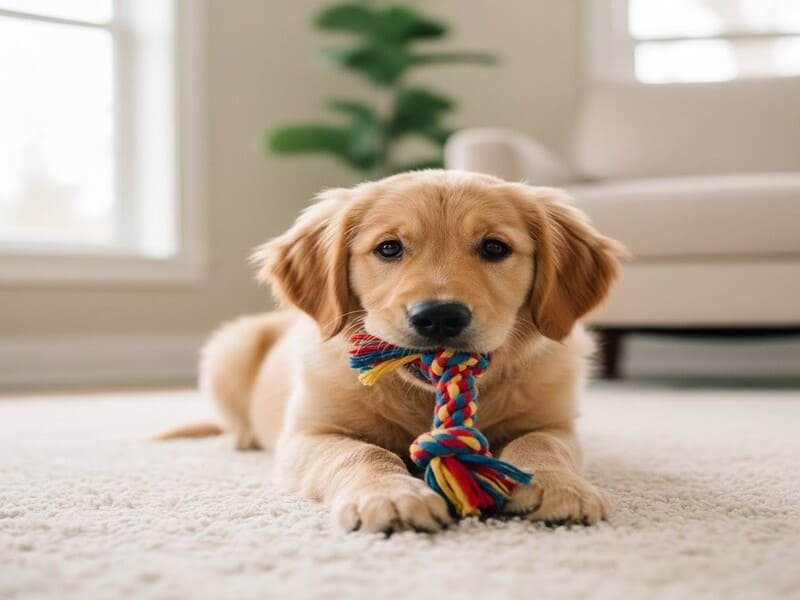Filhote de Golden Retriever com brinquedo de borracha.
