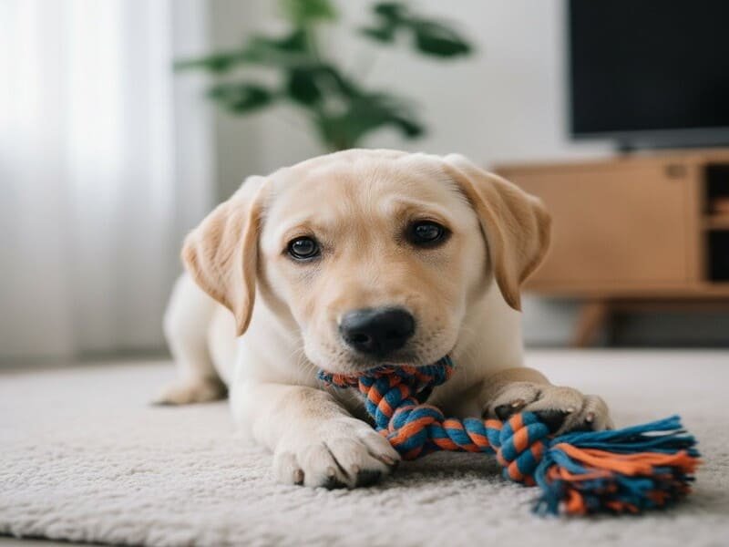 Filhote Labrador dourado com brinquedo de roer.