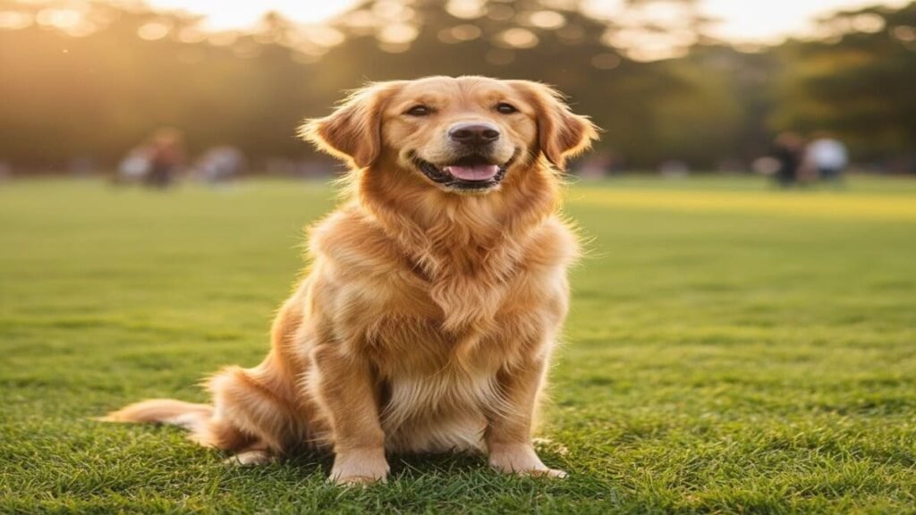 Golden Retriever sorridente sentado na grama.