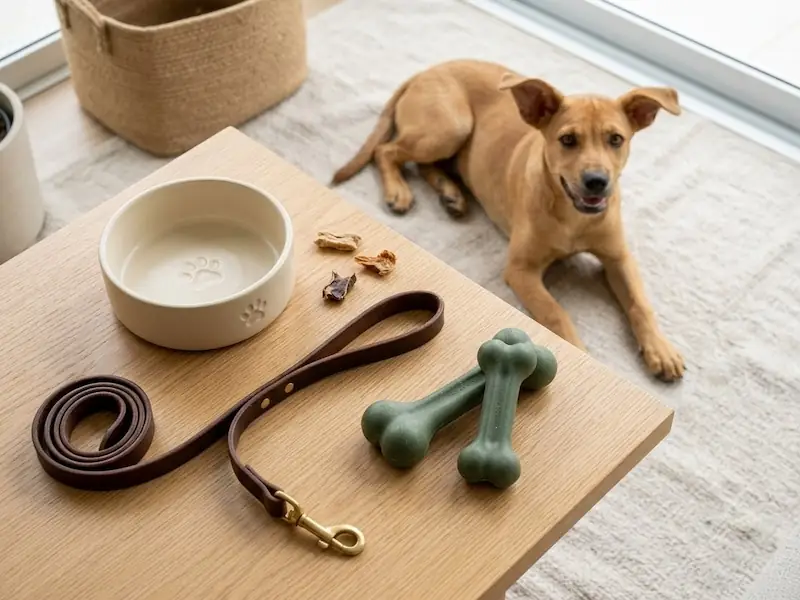 Um kit de cuidados caninos com ração, brinquedo e coleira ao lado de um cachorro caramelo.