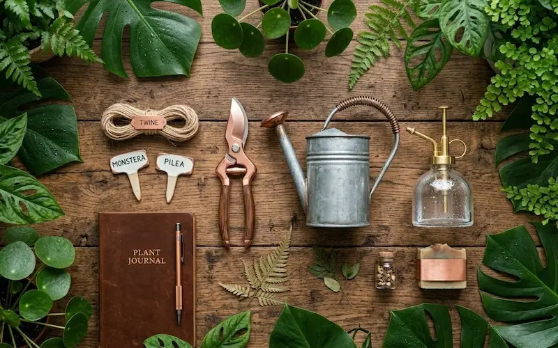 Kit de ferramentas de jardinagem de luxo sobre uma mesa de madeira para manutenção de plantas.