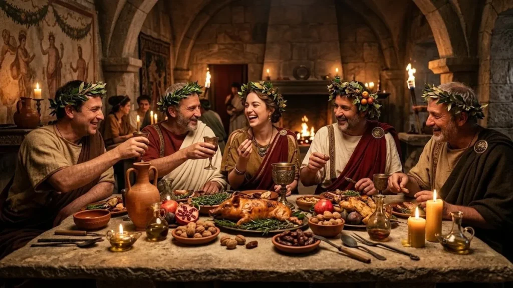 Representação histórica de um banquete romano durante a celebração da Saturnália com velas e coroas de louro.