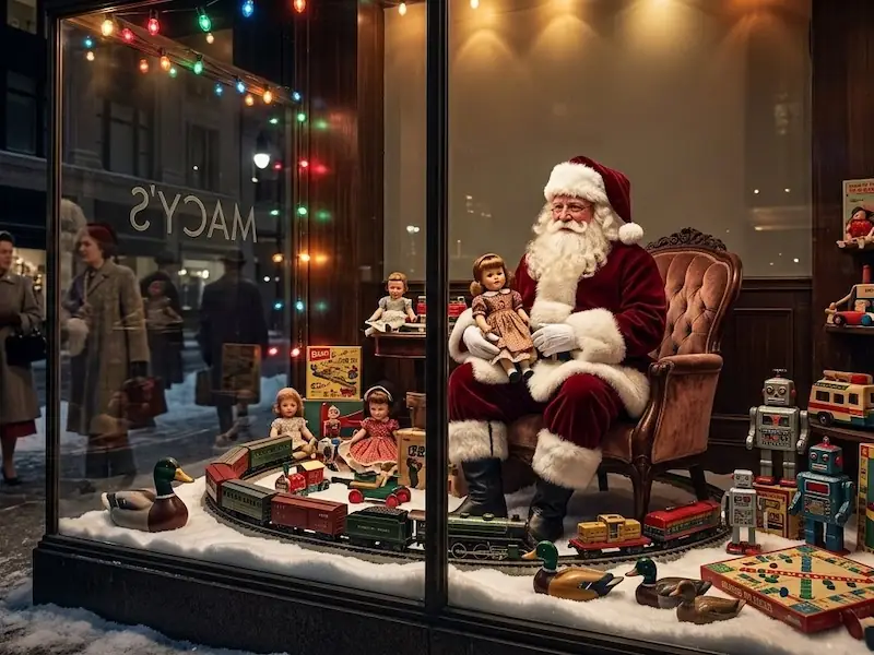 Ilustração clássica do Papai Noel com roupas vermelhas e barba branca em um ambiente de loja de departamentos antiga.