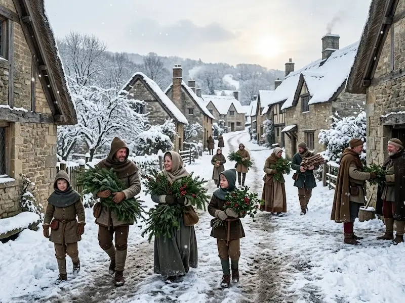Celebração do Natal em uma vila medieval com neve e decorações rústicas de azevinho e pinheiro.