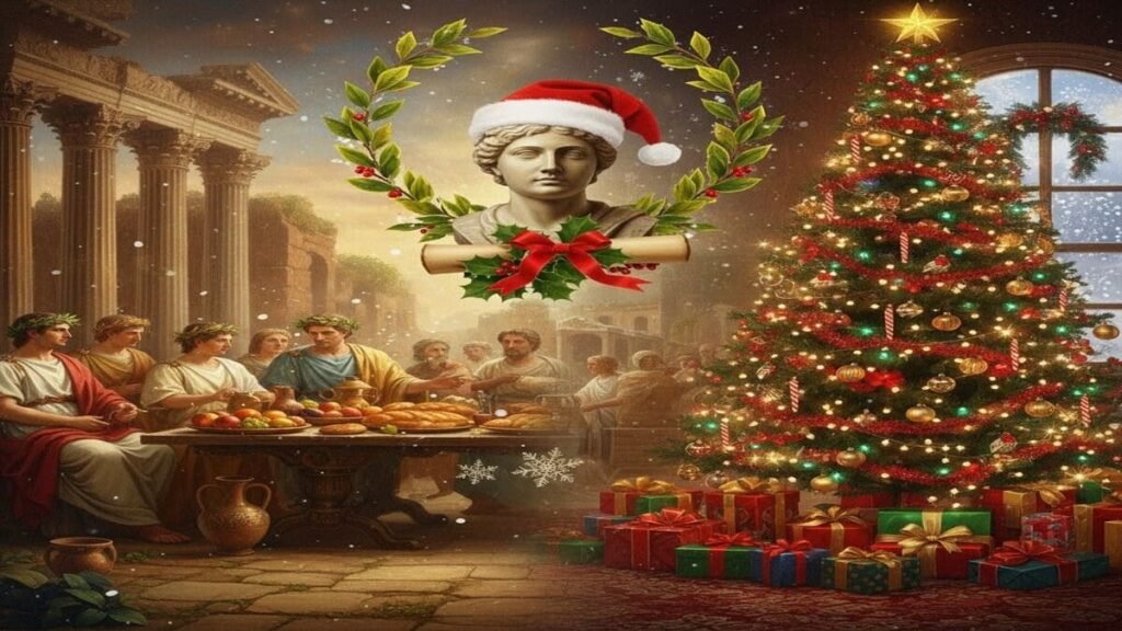Fusão de símbolos de Natal: Coroas de louro romanas da Saturnália e árvore de Natal moderna, representando as origens históricas da celebração.