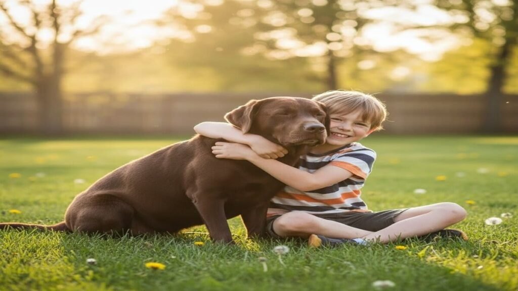 Criança abraçando carinhosamente um Labrador.