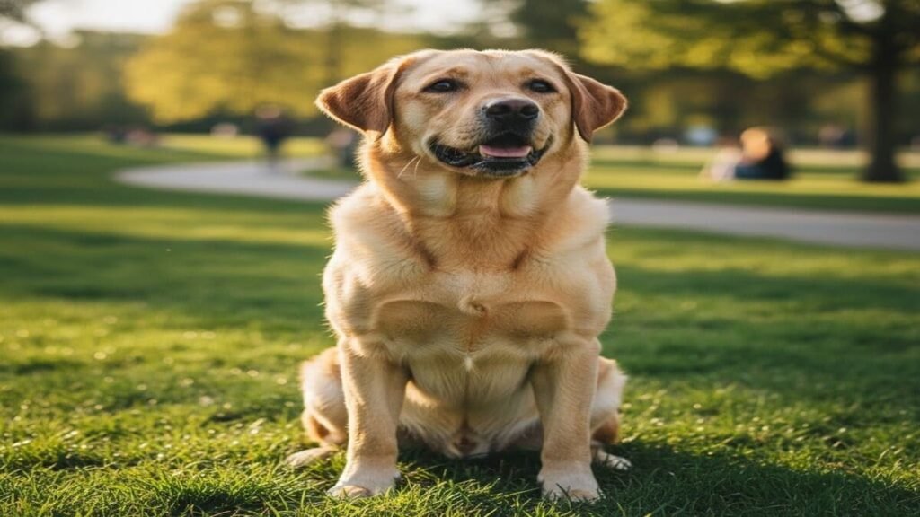 Labrador sentado em um parque ensolarado.