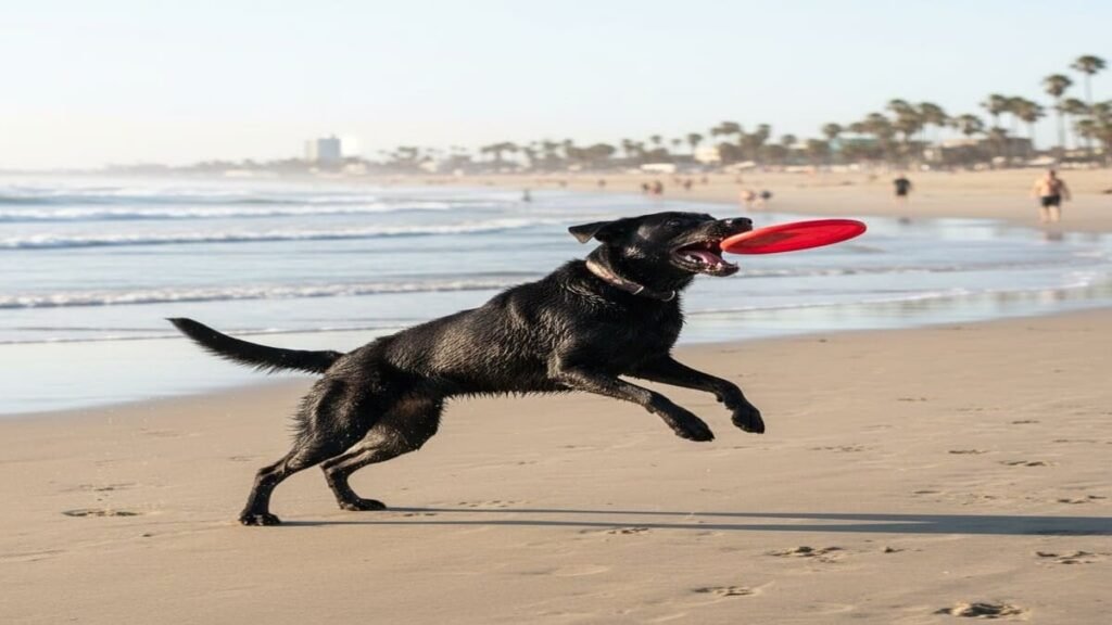 Labrador preto em salto atlético para pegar frisbee.