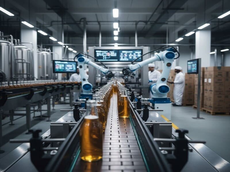 Linha de produção moderna, destacando a eficiência logística da AmBev e o grande volume de produtos da cervejaria global.