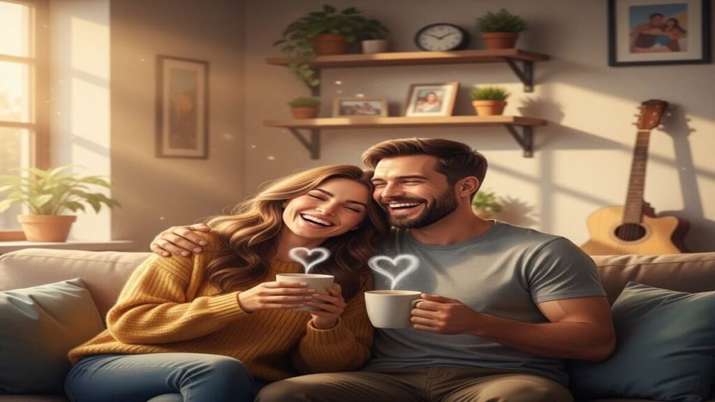 Casal feliz e romântico no sofá, representando a importância do marido romântico para a satisfação da esposa e a força do relacionamento.