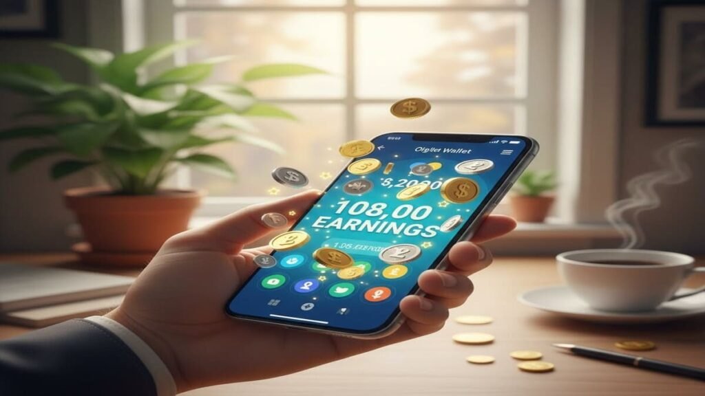 Mão segurando um celular com aplicativo de ganhos financeiros e ícones de moedas.