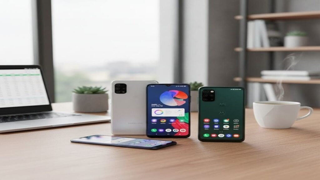 Três smartphones bons e baratos sobre uma mesa de escritório.