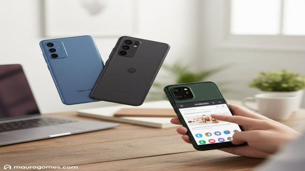 Pessoa comparando os melhores celulares custo-benefício em um escritório moderno.