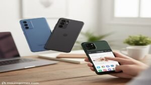 Pessoa comparando os melhores celulares custo-benefício em um escritório moderno.