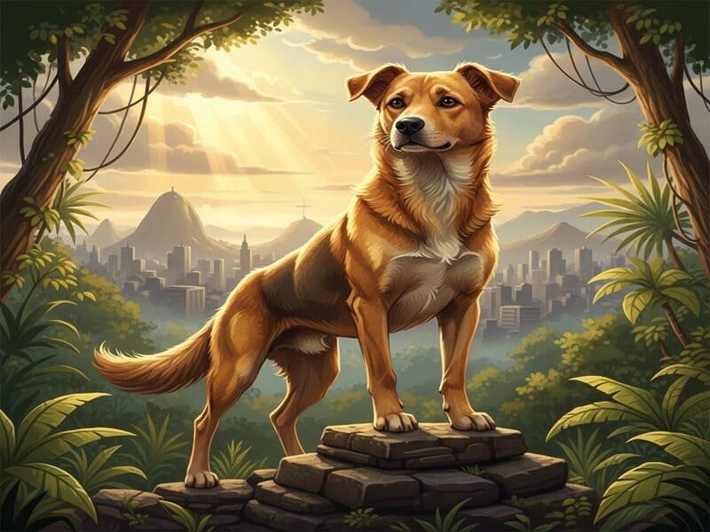 Close-up de um vira-lata caramelo SRD em destaque, simbolizando a miscigenação genética e a resiliência do cão brasileiro.