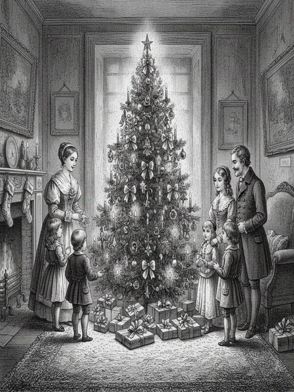 Gravura do século XIX de uma família europeia reunida em torno de uma Árvore de Natal enfeitada, ilustrando a popularização da tradição.