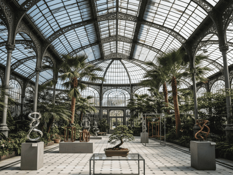 Ilustração de uma estufa (orangery) vitoriana clássica, exibindo a opulência da Era Vitoriana na origem das plantas de interior.