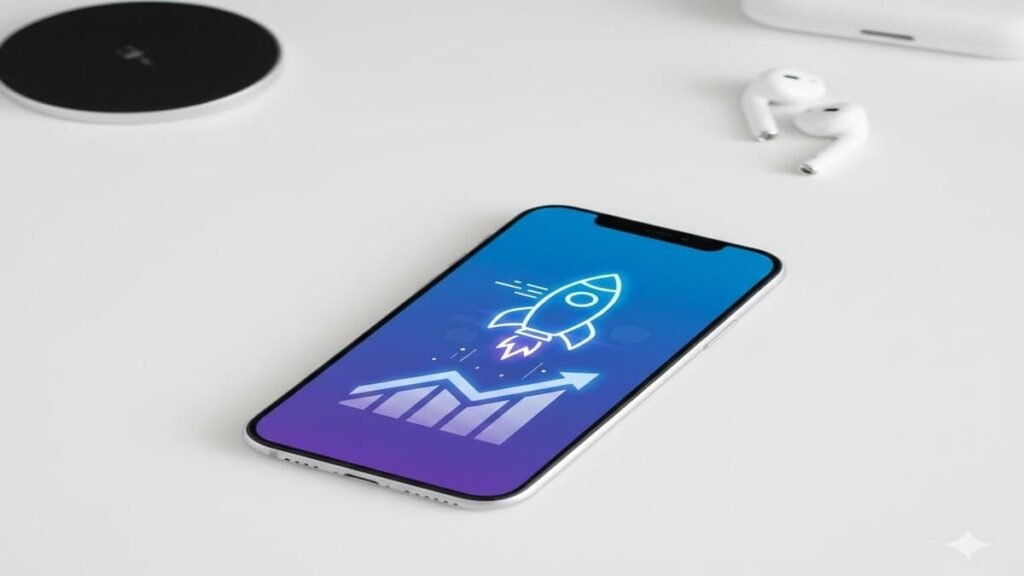 Tela de smartphone com ícone de foguete simbolizando otimização de celular travando.