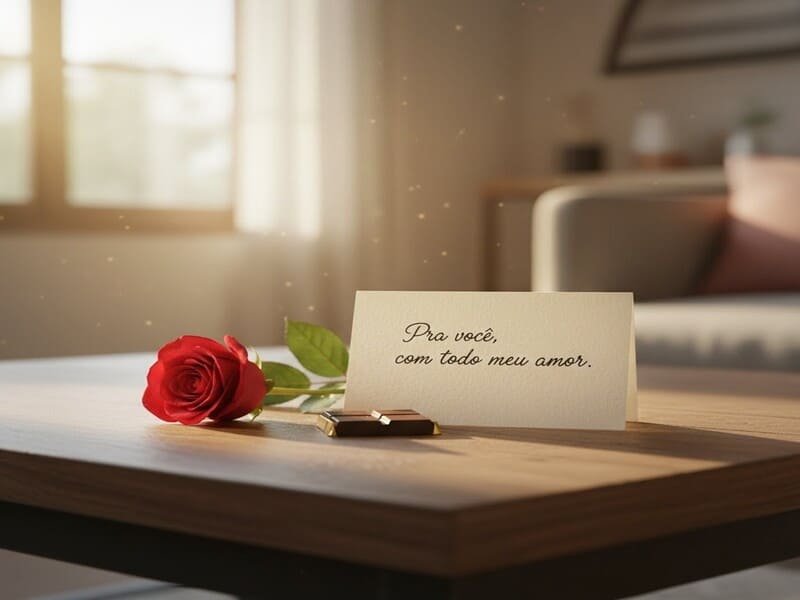 Bilhete de amor escrito à mão e flores simples sobre a mesa, representando os pequenos gestos de um marido romântico para a esposa.