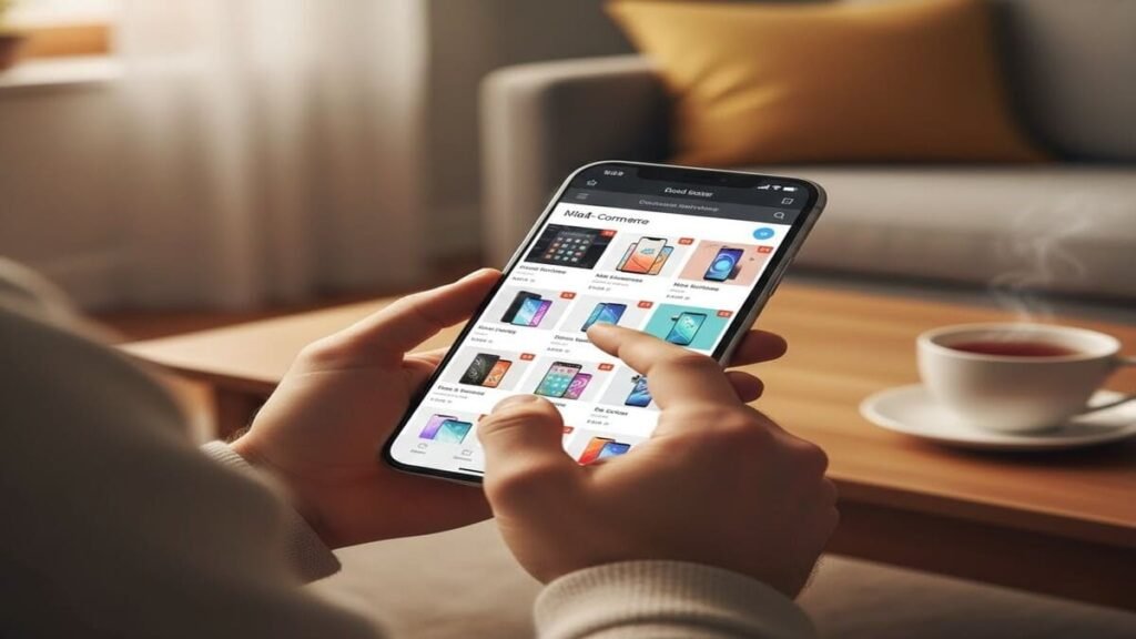 Close-up das mãos de um usuário navegando em uma loja online pelo celular para ver preços de smartphones.