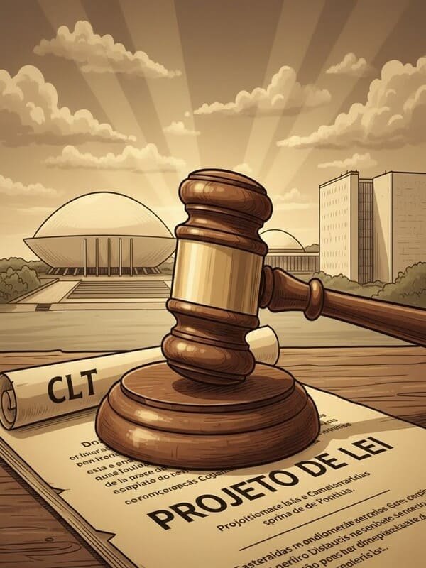 Símbolo do Congresso Nacional e um martelo (gavel) sobre a lei, representando a tramitação e as etapas de aprovação do Projeto de Lei do fim da escala 6x1.