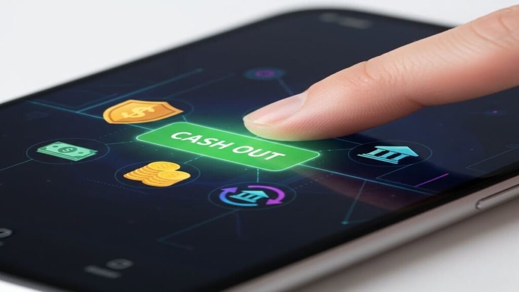 Dedo clicando em botão de saque em aplicativo de celular.