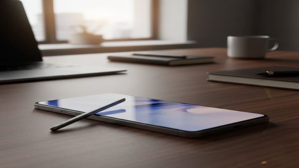 Smartphone Samsung S24 Ultra em uma mesa de escritório.