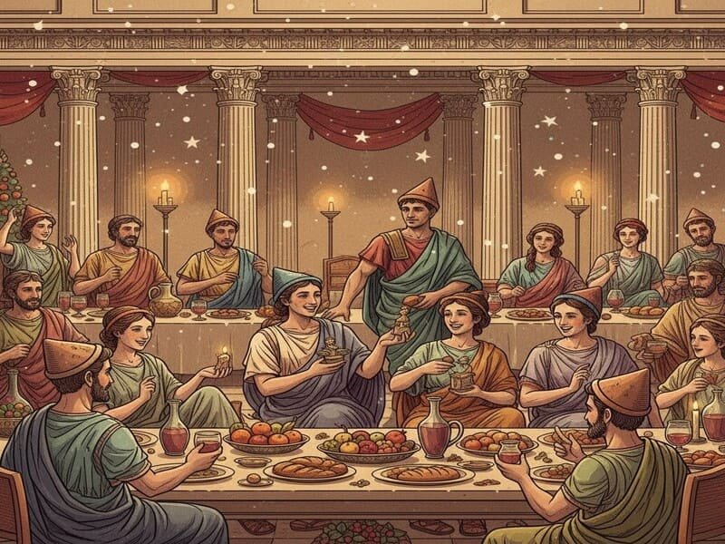Ilustração moderna da Saturnália, festa romana com banquete e troca de presentes, que influenciou as tradições do Natal.