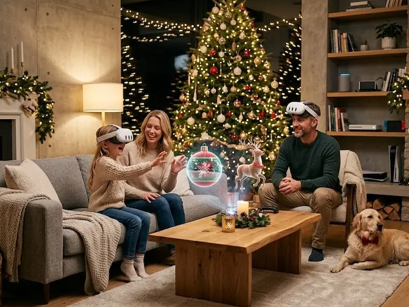Família moderna utilizando óculos de realidade virtual para ver decorações de Natal digitais em uma sala iluminada.