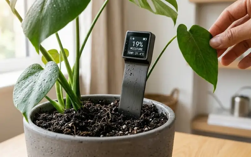 Sensor inteligente de umidade inserido no solo de um vaso de planta ornamental.
