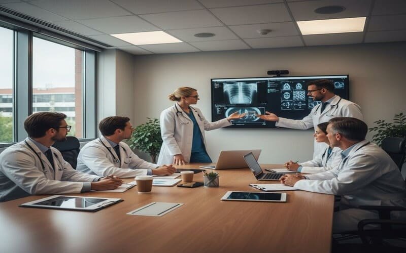 Clínico geral e médico especialista trabalhando juntos