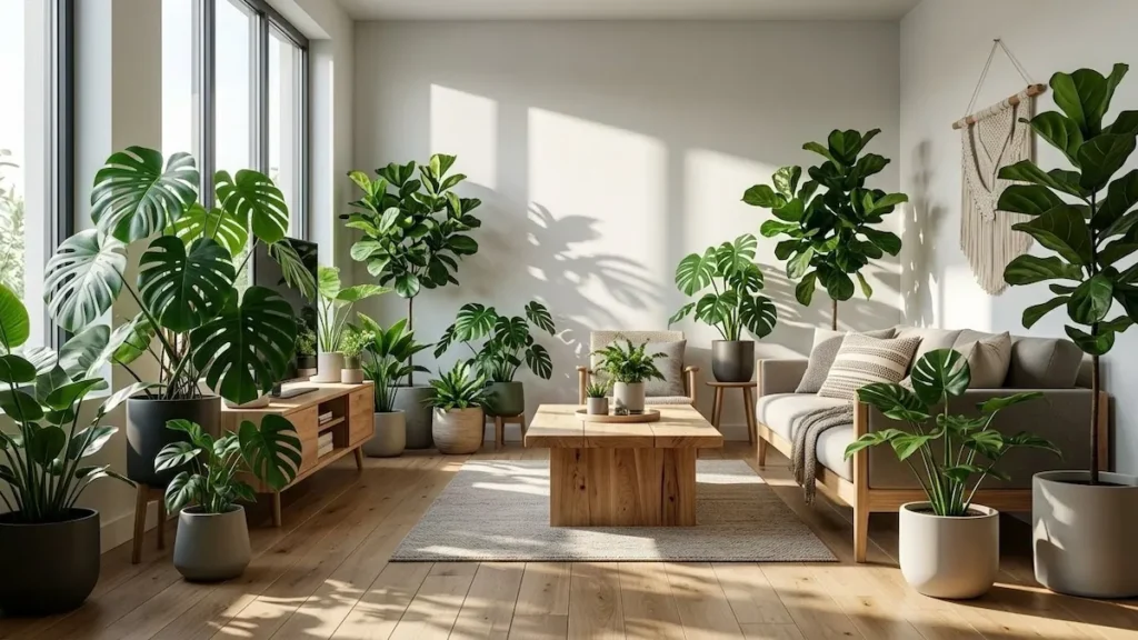 Sala de estar moderna decorada com diversas plantas tropicais em vasos de diferentes tamanhos, estilo Urban Jungle.