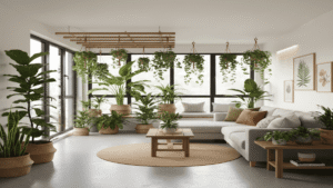 Sala de estar moderna decorada com plantas de chão e suspensas, estilo Urban Jungle, criando um oásis verde e acolhedor.