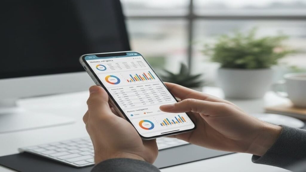 Pessoa usando celular para trabalhar com planilhas e aplicativos.