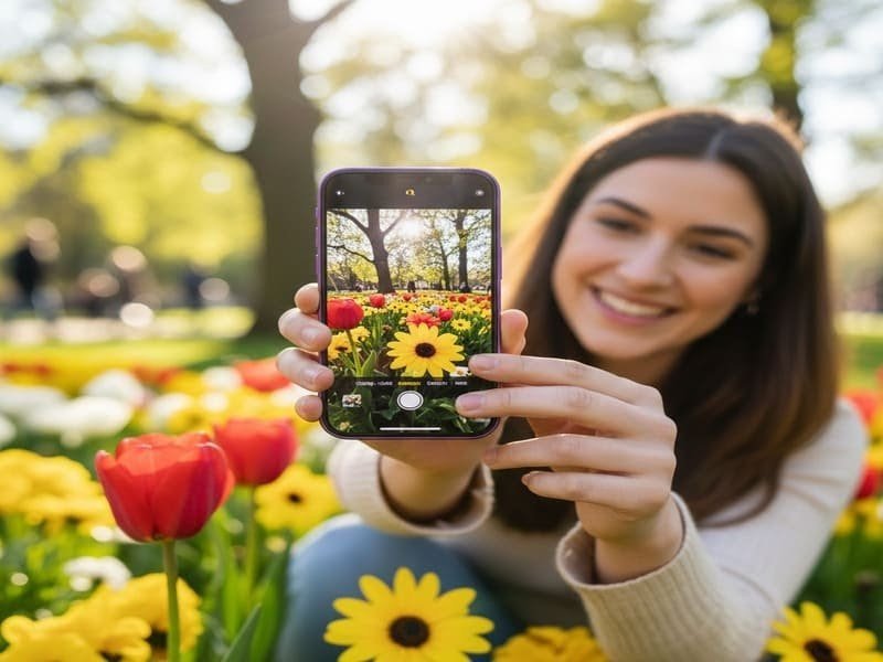 Pessoa fotografando no parque com seu novo iPhone.