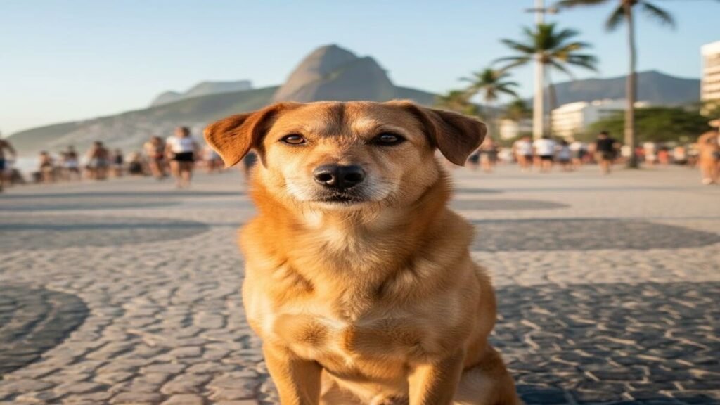 Cachorro vira-lata caramelo SRD, ícone do Brasil, sentado em ponto turístico, representando a resiliência e a cultura canina brasileira.