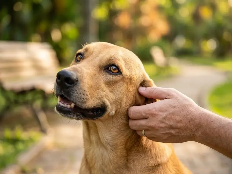 Um vira-lata caramelo interagindo carinhosamente com um dono em um parque brasileiro.