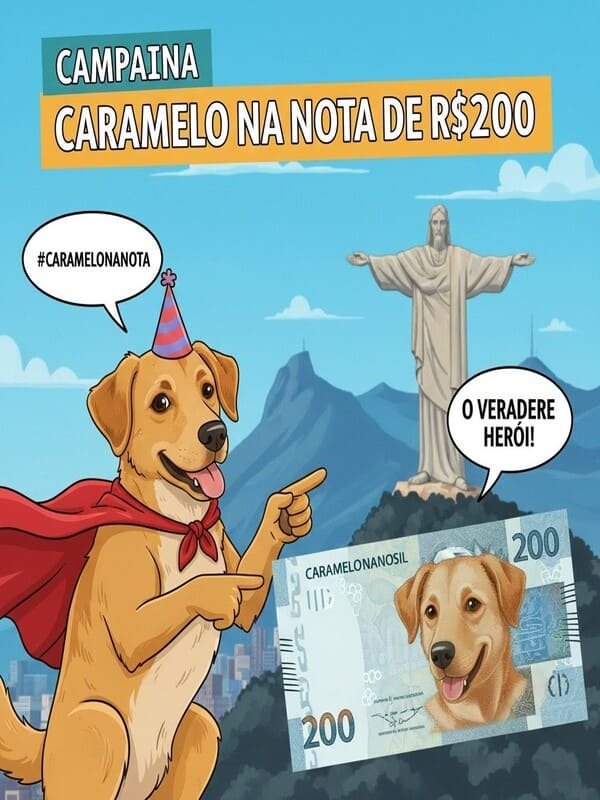 Ilustração ou montagem do cachorro vira-lata caramelo na nota de R$ 200, simbolizando o movimento popular para torná-lo um ícone cultural.