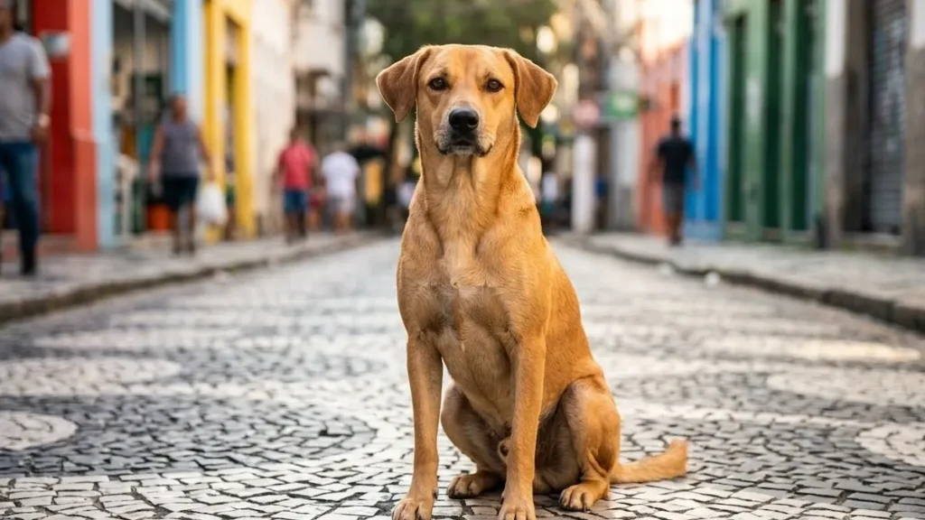 Cachorro vira-lata caramelo sorridente sentado em uma calçada ensolarada no Brasil.