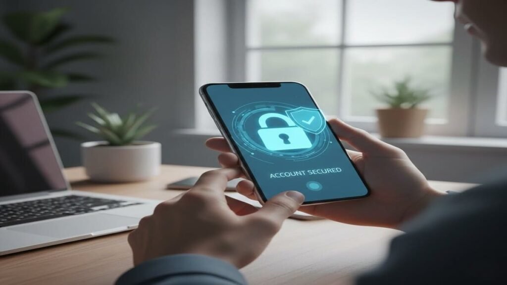 Mãos segurando celular com ícone de proteção contra WhatsApp clonado.