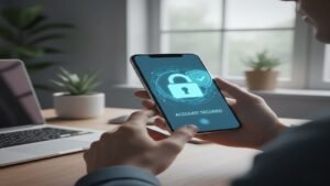 Mãos segurando celular com ícone de proteção contra WhatsApp clonado.