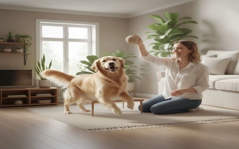 Cachorro brincando com o tutor em casa em um ambiente acolhedor, representando bem-estar emocional animal