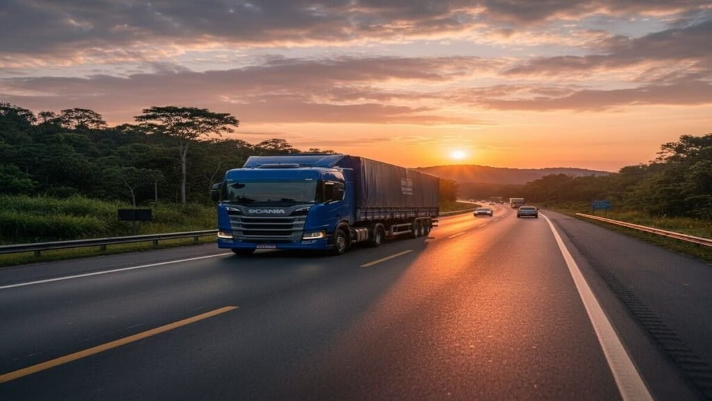 Caminhão de carga trafegando em rodovia brasileira
